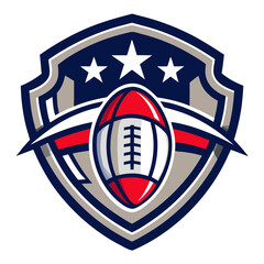 American Football Shield Logo: A bold and patriotic logo featuring an American football nestled within a shield adorned with stars and stripes. Perfect for sports teams, leagues.