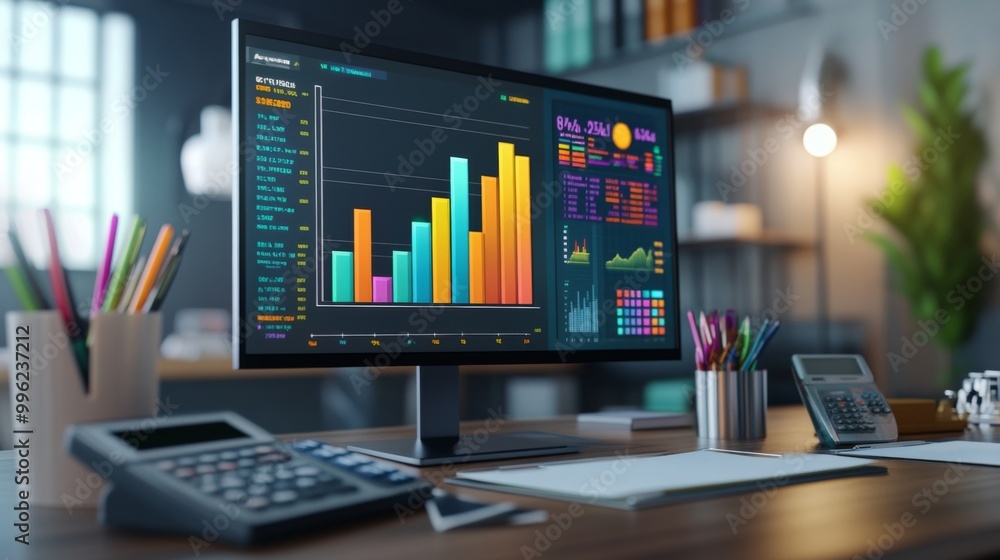 Leinwandbilder A close-up of a desktop monitor displaying a 3D financial bar graph with various colors, highlighting key performance indicators, surrounded by office tools like a calculator and notepad.