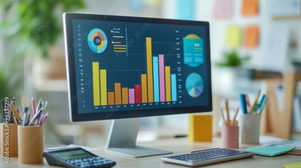 Aufkleber A close-up of a desktop monitor displaying a 3D financial bar graph with various colors, highlighting key performance indicators, surrounded by office tools like a calculator and notepad.