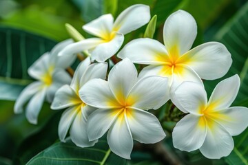 Exotic white frangipanni blooms with yellow centers add charm to city streets in autumn