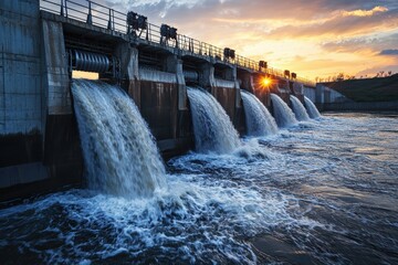 Sunset at Hydroelectric Dam with Cascading Water