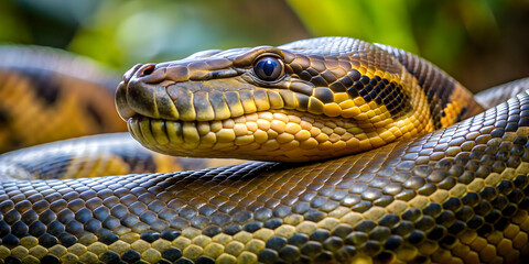 Fototapeta premium Close up of anaconda, anaconda, snake, reptile, wildlife, close up, scales, slithering, exotic, predator, dangerous, nature
