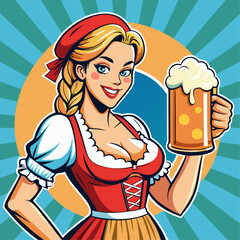 Oktoberfest Cheer: A vibrant illustration captures the spirit of Oktoberfest with a charming woman in traditional Bavarian attire, holding a frothy stein of beer, ready to celebrate. 