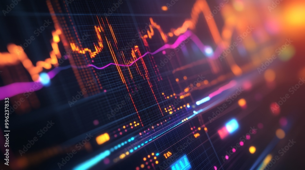 Poster a close-up of a digital screen displaying an intricate financial graph with upward trends, colorful 