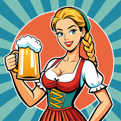 Vintage Beer Maiden: A charming and retro illustration of a young woman in traditional German attire, holding a foamy stein of beer. This image evokes a sense of fun, festivity, and nostalgia.