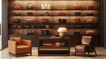 A well-organized leather goods display in a sleek retail store, showcasing high-end handbags and accessories.