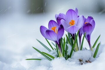 Flower In Snow. Crocuses Blooming in Winter Landscape with Purple and White Colors