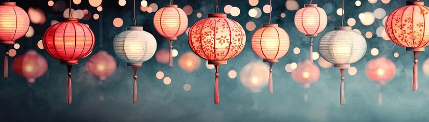 Obraz premium Colorful paper lanterns glowing against a dark background, creating a festive atmosphere.