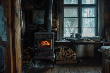 Inside a country house the iron stove is burning with wood nearby while it s dark outside