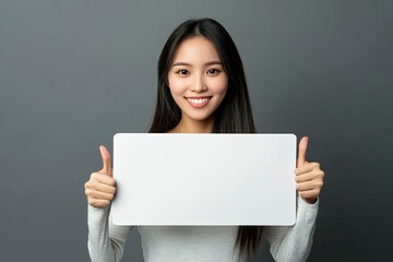 Young Asian woman show thumbs up with white blank sign on gray background with generative ai