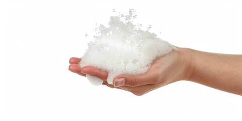Fototapeta premium Foaming Hand Soap. Clean and Hygienic Hand Care with Beauty Foam on White Background