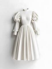 Naklejka premium Elegant White Dress with Puff Sleeves and Pleated Bodice.
