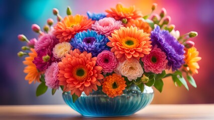 A vibrant bouquet of colorful flowers arranged in a blue vase against a blurred background.
