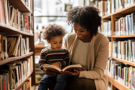 A woman and a child are sitting in a library, reading a book together