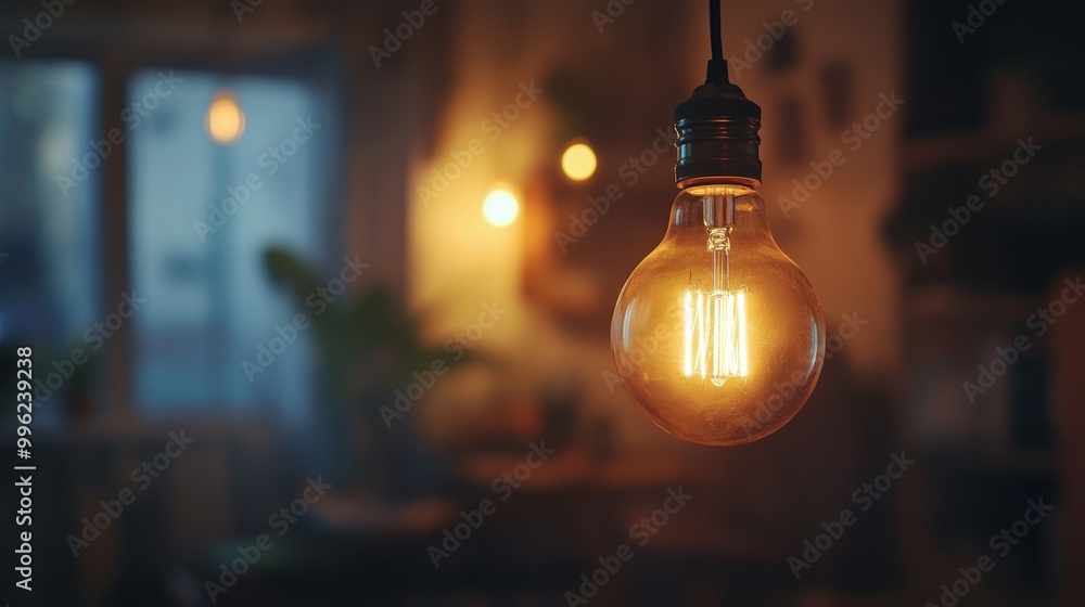 Poster a close-up of a glowing incandescent light bulb hanging from a wire in a dimly lit room, casting war