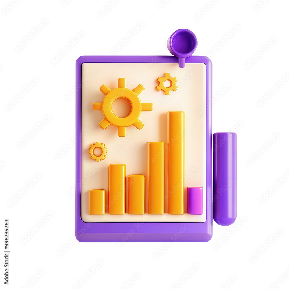 Poster this image displays a vibrant 3d model of a data chart, featuring bars and gears, emphasizing creati