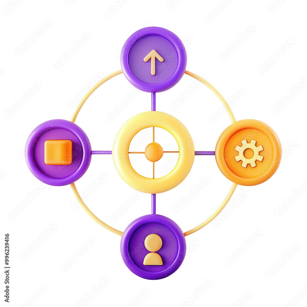 Poster a vibrant 3d design featuring interactive icons in a circular arrangement. the icons depict actions 