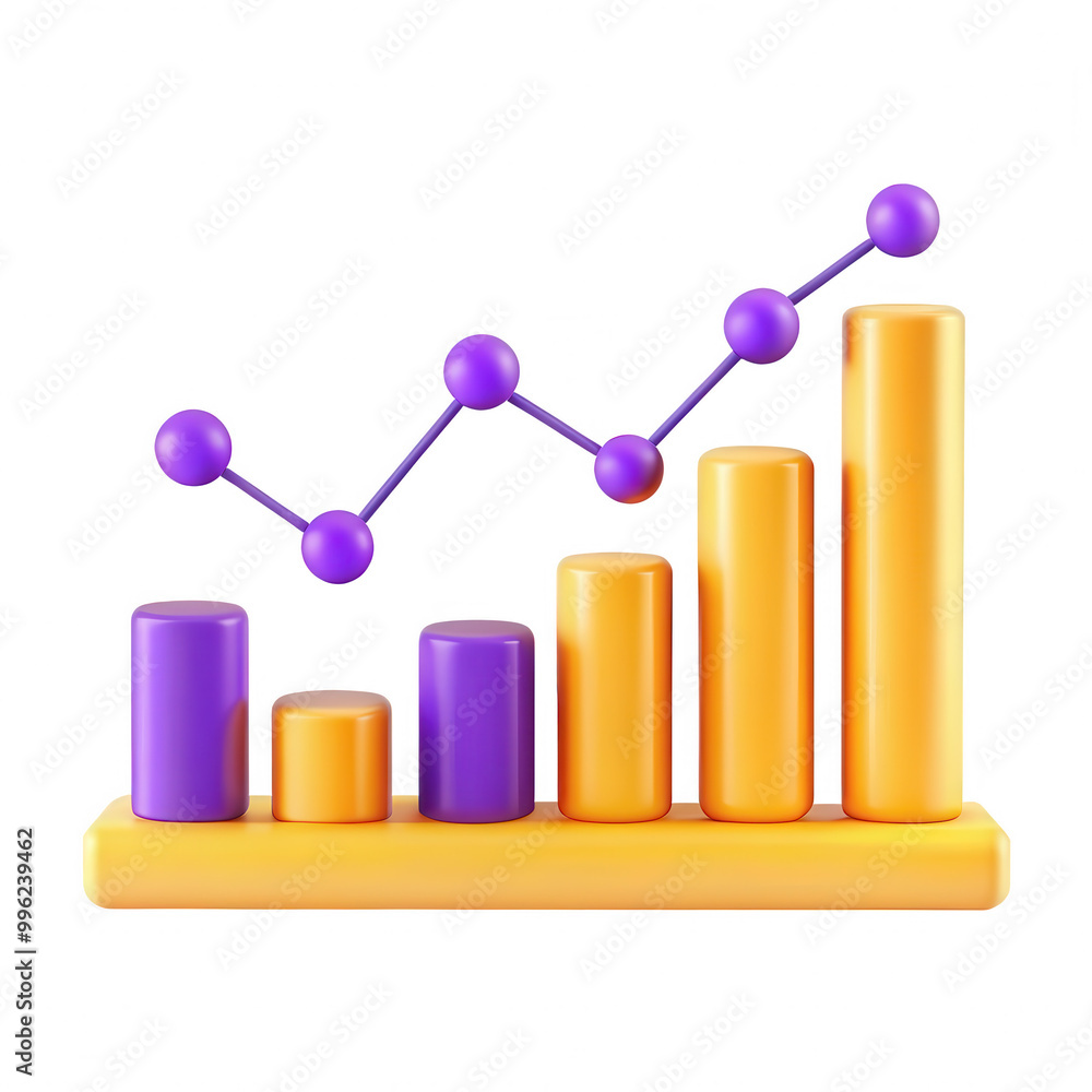 Poster a colorful 3d bar graph showcasing statistical data with purple and orange colors, ideal for present