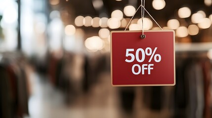 A bold, red sale sign displays '50% OFF' prominently in a busy store filled with blurred clothing racks. The atmosphere is dynamic with a hint of excitement. Black Friday Concept