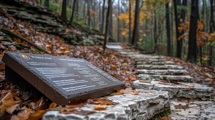 Stone Pathway Through Autumn Forest With Information Plaque in a Serene Woodland Setting