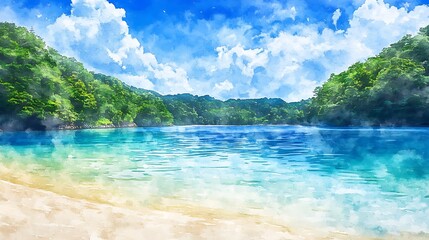 Fototapeta premium Watercolor Painting of a Tropical Beach with Blue Water and Lush Green Foliage.