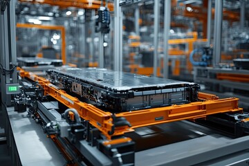 Battery pack on assembly line. This image depicts the manufacturing of EV battery packs, illustrating the production process for electric vehicles.