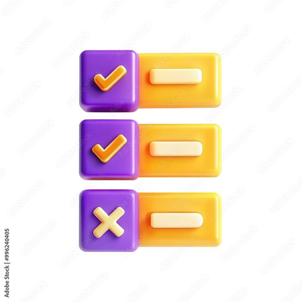 Poster a colorful 3d rendering of checkmark and cross icons on purple and orange buttons, perfect for inter