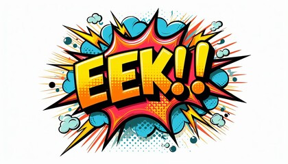 Comic book style speech bubble expression EEK with explosive elements and bold colors, isolated on white background. Pop art illustration for poster, banner, or graphic design