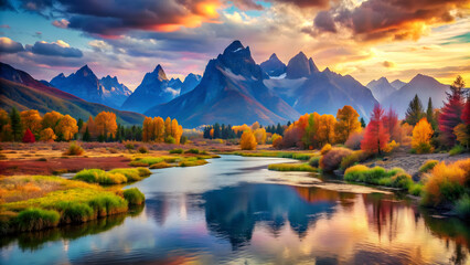 Colorful of a landscape with mountains and river, mountains, river, colorful,landscape, nature, scenery, vibrant, serene