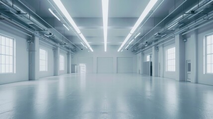 Fototapeta premium Futuristic Room. Empty White Interior Inside a Factory Warehouse