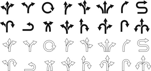 Road traffic direction arrows line and flat set. You-turn, left, right, two way, three way transportation direction arrow symbol. decision icon vector