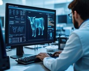 A scientist analyzes digital images of a cow, showcasing veterinary technology in a laboratory setting.