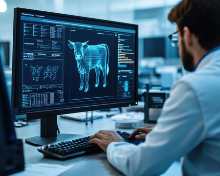 A scientist analyzes digital images of a cow, showcasing veterinary technology in a laboratory setting.