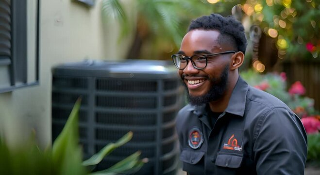 Smiling Man in Blue Paint Wearing a Work Uniform and Glasses