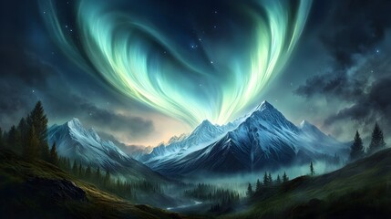 Glowing Aurora Lights Painting Over Majestic Mountain Range Landscape