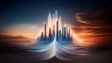 Glowing Outline of a Vibrant City Skyline at Dusk Capturing the Transition from Day to Night