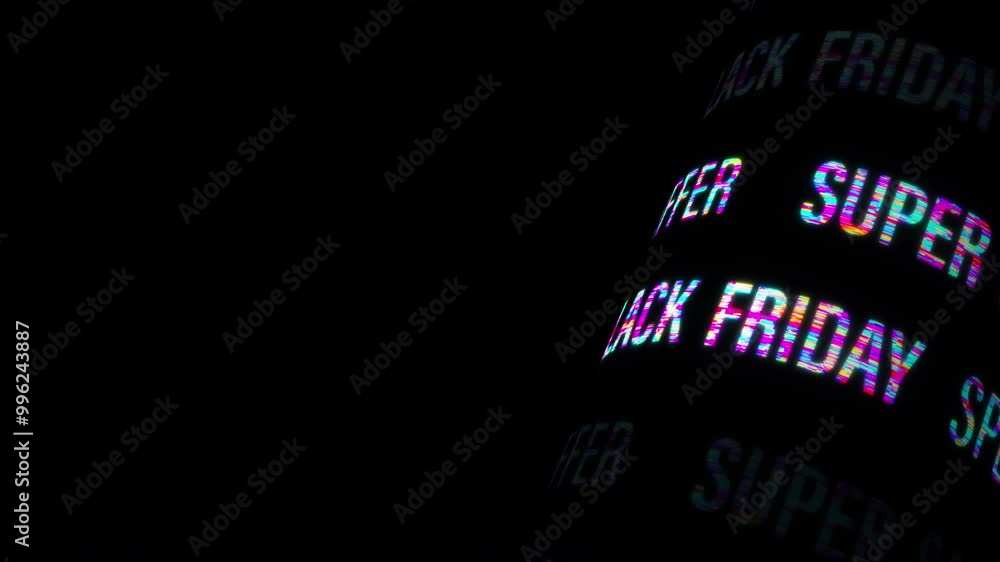 Poster loop black friday 3d tube glitch text colorful led neon fluorescent light animation on black abstrac