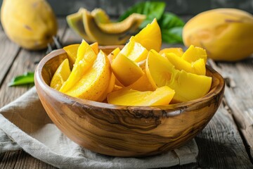 Ripe canistel fruit pieces in wooden bowl scientific name Pouteria campechiana with texture like egg yolk