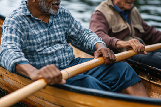 Senior Men Rowing a Wooden Canoe at Dawn