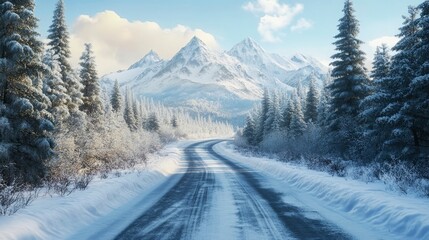 Icy roads winding through a peaceful winter forest, flanked by snow-laden trees and distant mountain peaks.