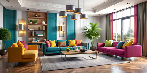 Modern fashion style interior design featuring sleek furniture, bold colors, and elegant accents, modern, fashion, style