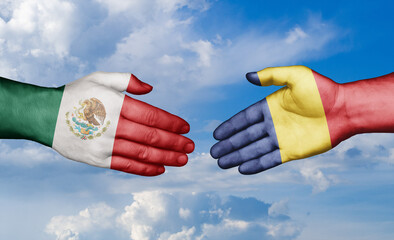 Romania and Mexico country handshaking with flags, consensus concept international co-operation illustration