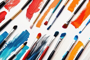 Obraz premium Variety of paint brushes on white surface