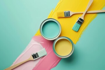 Vertical photo of four open paint cans and brushes on bright background Yellow white pink turquoise colors Renovation theme