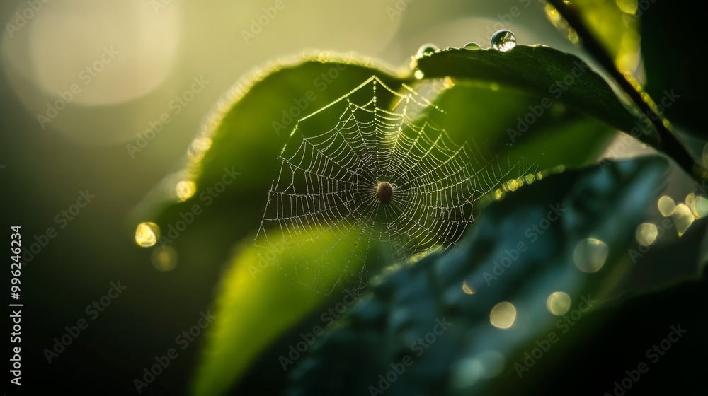 Poster A close-up of a small spider spinning its web between two leaves, the intricate details of the web visible, with soft sunlight illuminating the scene.
