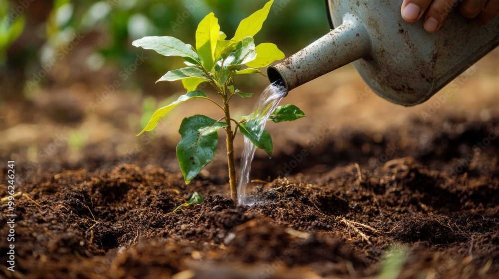 Poster A close-up of a tree sapling being watered with a can, surrounded by fresh soil and mulch, symbolizing the care and nurturing needed for new growth.