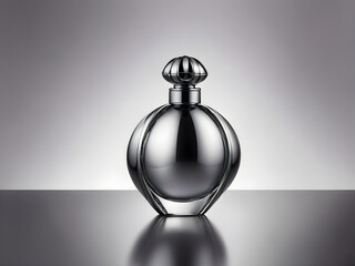 Obraz premium A metallic silver perfume bottle set on a gradient background from dark gray to light silver, with minimalist design elements 
