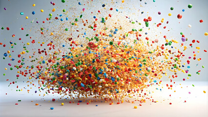 Colorful confetti burst frozen in mid-air against a white background, celebration, party, festive, vibrant, colorful