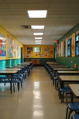A brightly colored school cafeteria with tables and chairs arranged neatly.
