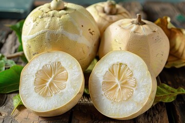 Whole and sliced white sapote
